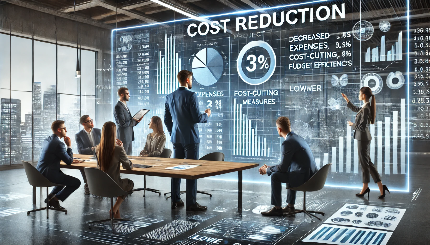 DALL·E 2024 11 04 01.25.30 An image illustrating cost reduction in project execution. A project manager reviews charts and financial reports with a team in a modern office setti | گروه معماری و ساختمانی ارج مشهد