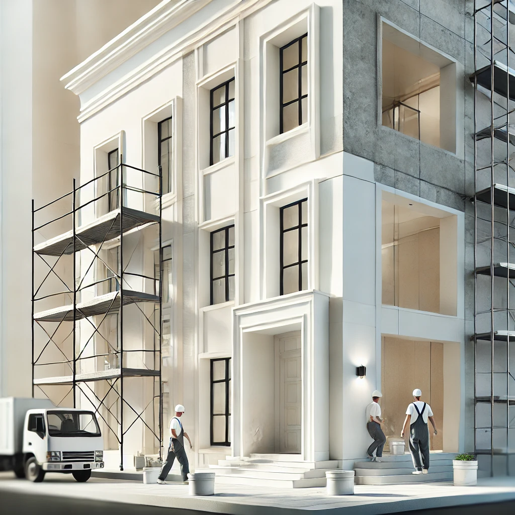 DALL·E 2024 11 05 01.42.57 A clean and modern image of a building renovation for a website with a stylish and minimalistic approach. The building is mid renovation with a focu | گروه معماری و ساختمانی ارج مشهد